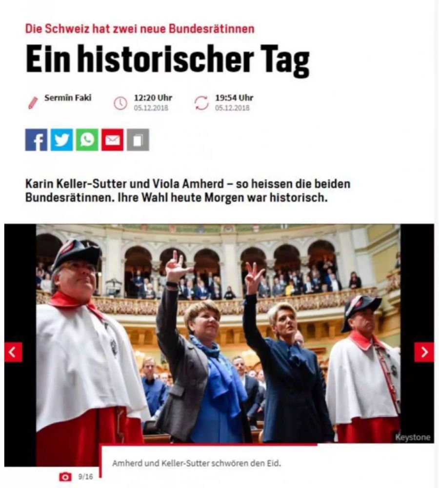 Screenshot von Blick zu den Bundesratswahlen mit einem Bild der neuen Bundesratspräsidentinnen Viola Amherd und Karin Keller-Sutter.