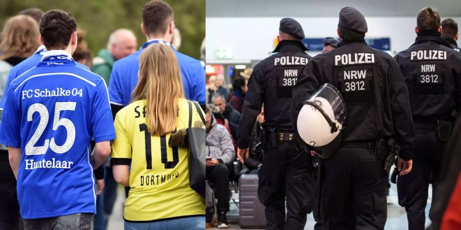 Links gehen Fussballfans von Schalke und Dortmund, rechts sind Polizisten in Duisburg im Einsatz.