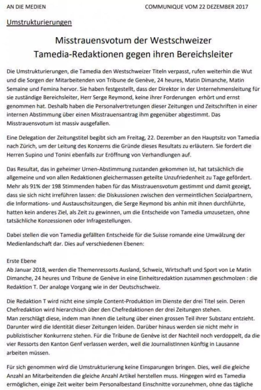 Misstrauensvotum der Tamedia-Journalisten aus der Romandie.