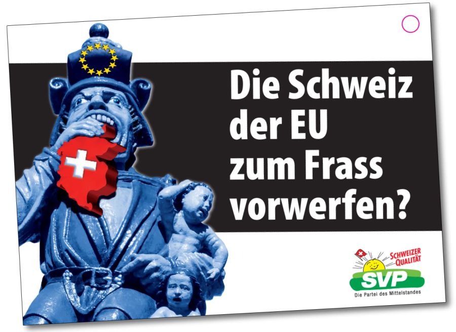 Diese Postkarte mit einem Bild des Berner Kindlifresserbrunnens hängte die SVP-Fraktion an die Schweiz-Ballone.