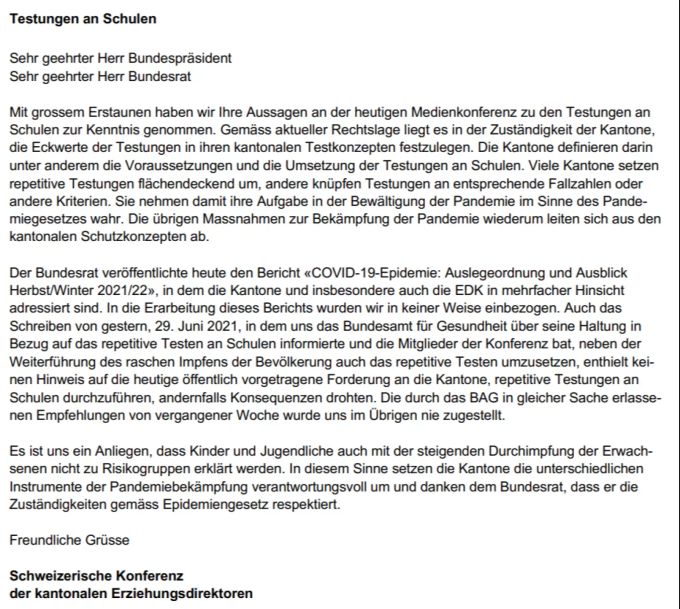 Brief EDK Tests Schulen