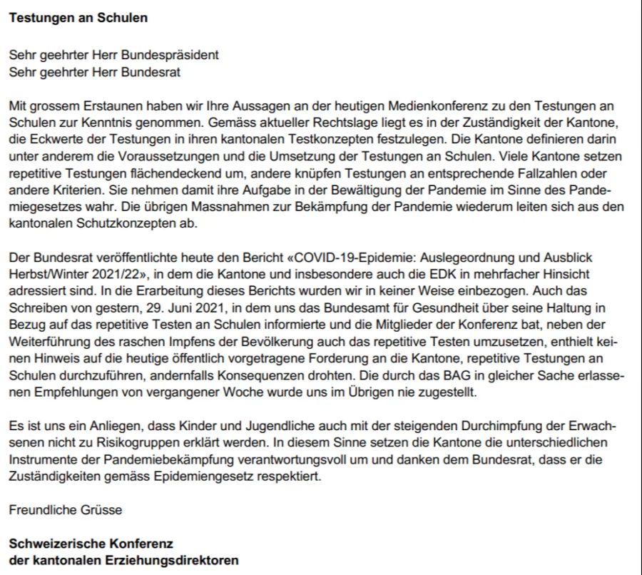 Der Brief von der Konferenz der kantonalen Erziehungsdirektoren (EDK) zum Thema Testungen an Schulen.