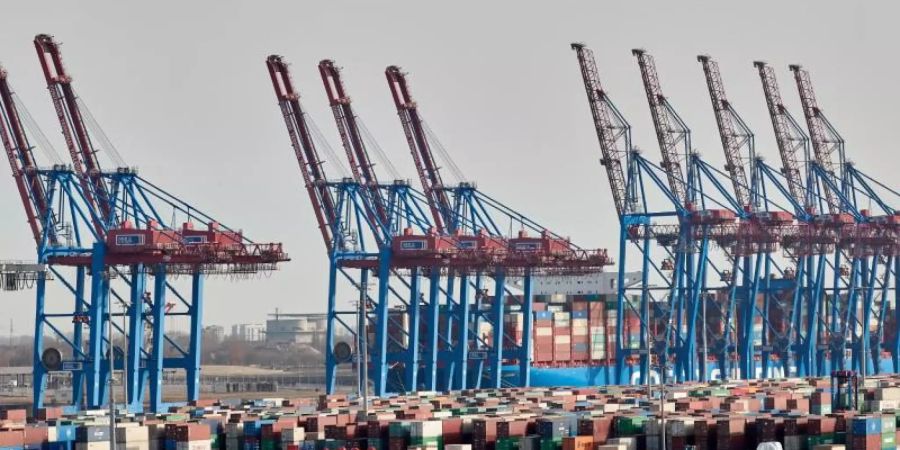 Kräne der Hamburger Hafen und Logistik AG (HHLA) und Container stehen im Hamburger Hafen. Das ifo-Institut hat seine Wachstumsprognose für die deutsche Wirtschaft gesenkt. Foto: Georg Wendt/dpa