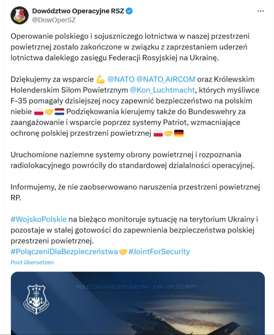 Das polnische Militärkommando meldete heute Morgen auf X das Ende seiner Luftoperationen.