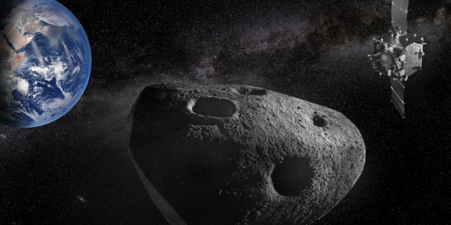 Künstlerische Darstellung der Mission zur Beobachtung des Vorbeiflugs des Asteroiden Apophis.