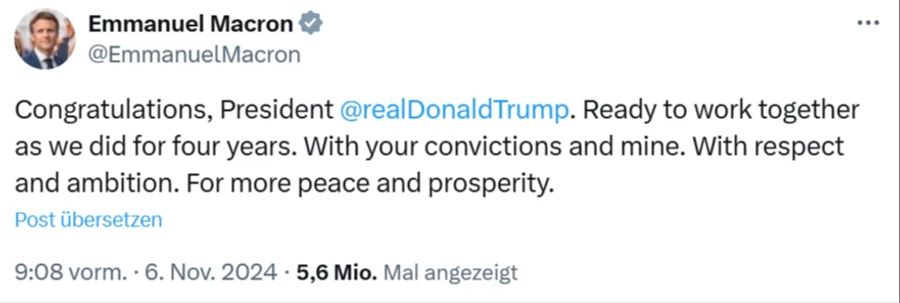 Emmanuel Macron gratuliert Trump auf X zum Wahlsieg.