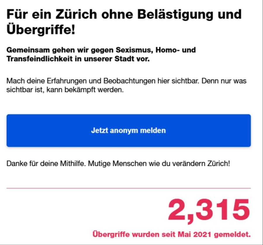 In Zürich passieren verbale Belästigungen am häufigsten auf offener Strasse und im ÖV, wie Zahlen des lokalen Meldetools zeigen.