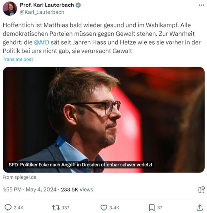SPD-Bundesgesundheitsminister Karl Lauterbach schiebt der AfD die Schuld an der Gewaltspirale zu. Gewalt Politik Deutschland AfD