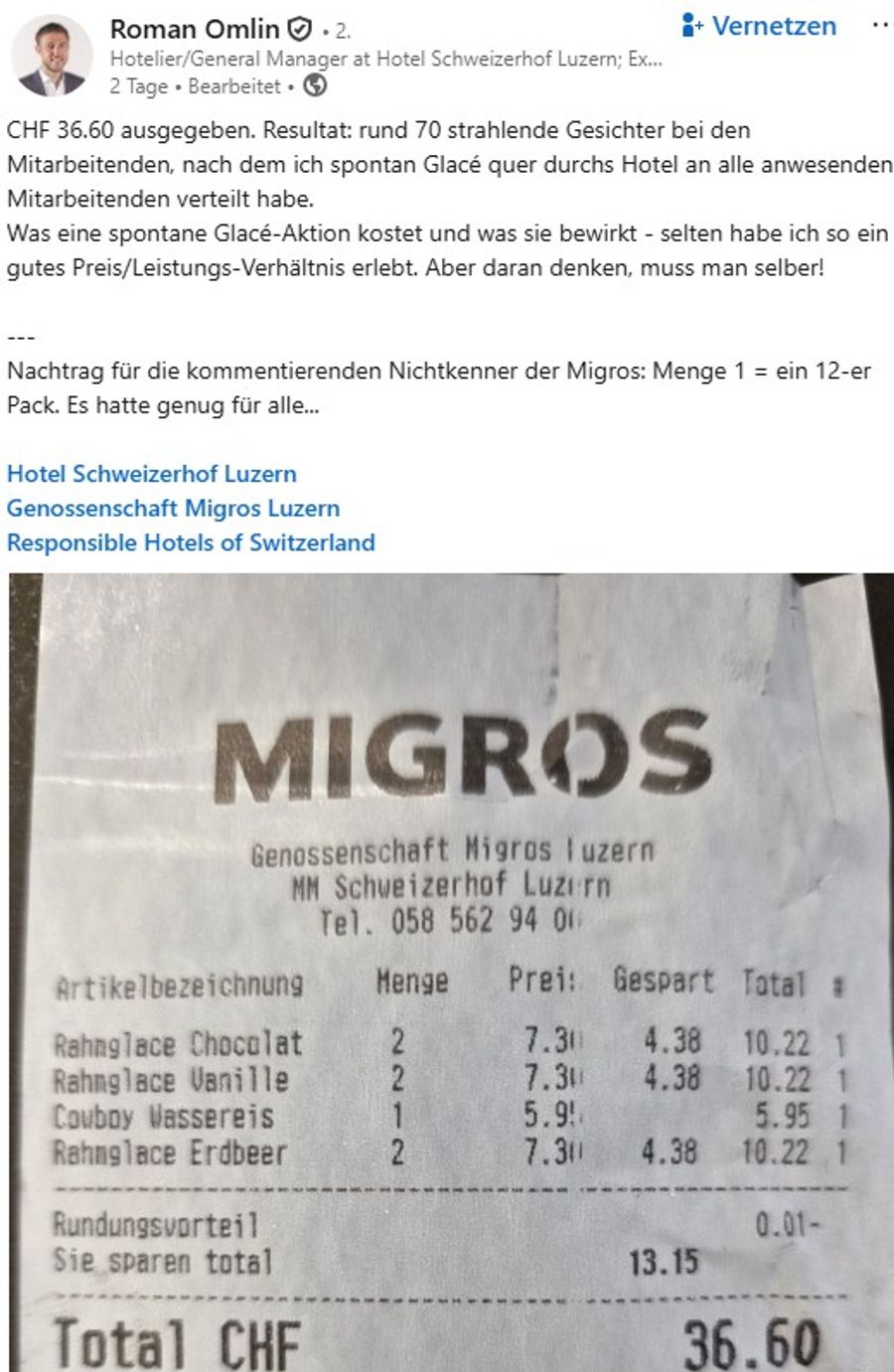 Roman Omlin, Direktor des Hotels Schweizerhof Luzern, hat seine Mitarbeitenden mit Glacés von der Migros überrascht.