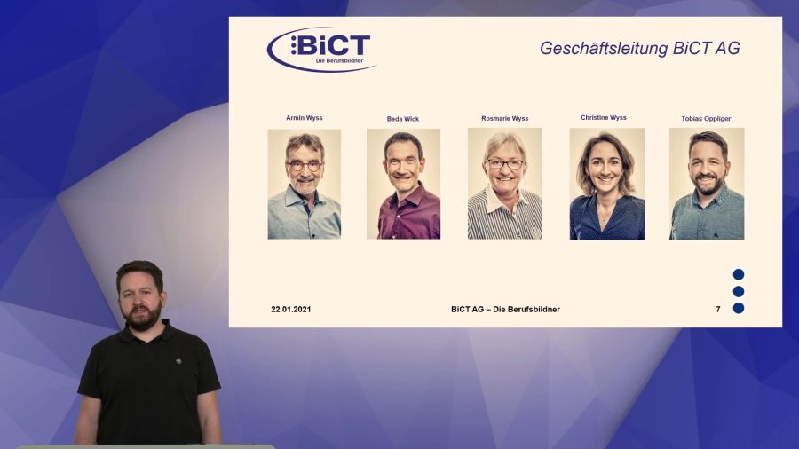 Im Video «BiCT Streaming» wird beispielhaft gezeigt, wie Mediamatik-Lernende mit Livestreaming, Greenscreen und Videoschnitt vertraut gemacht werden.