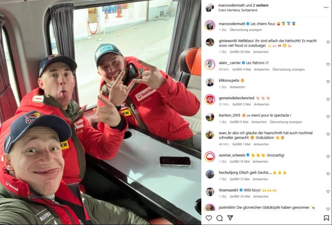 Marco Odermatt, Franjo von Allmen und Alexis Monney haben allen Grund zum Jubeln. Marco Odermatt