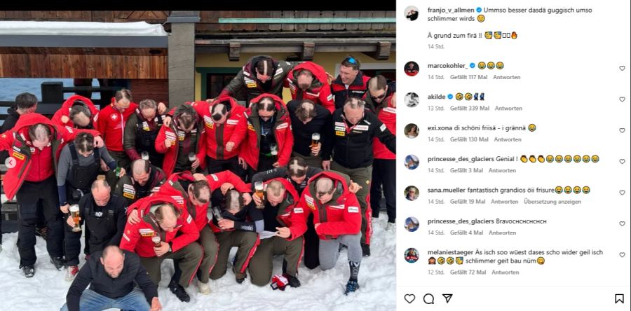 Das gesamte Swiss-Ski-Team rasiert sich nach dem WM-Triumph von Franjo von Allmen «Fleischkappen».