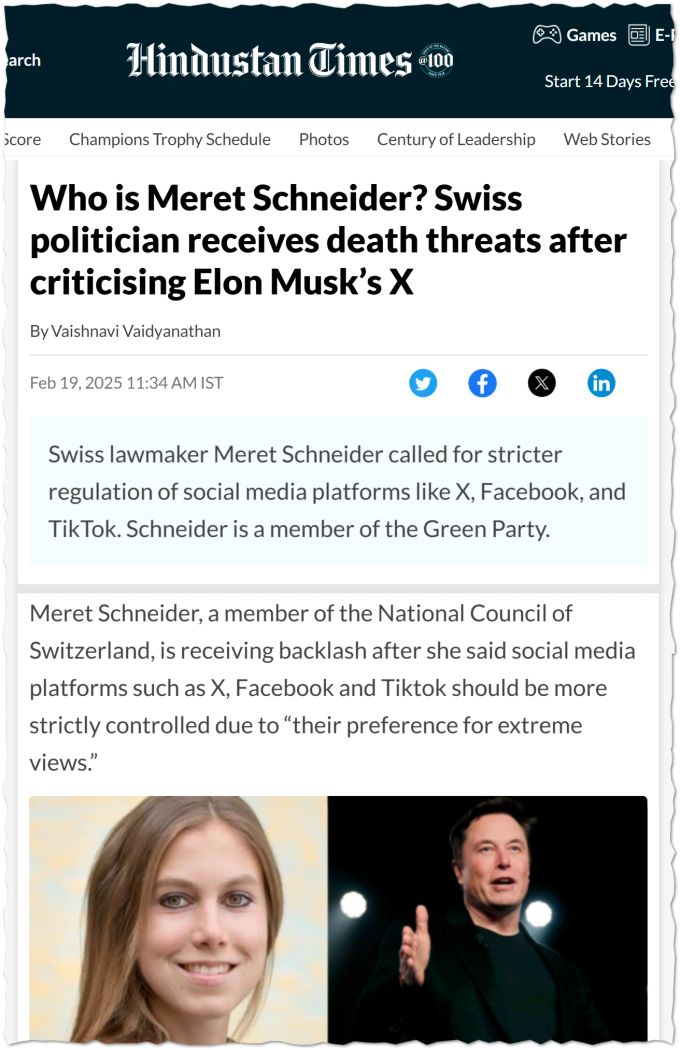 Sogar die Hindustan Times berichtet mittlerweile über die «Swiss Politician» Meret Schneider und ihre Kritik an Elon Musk. Meret Schneider Elon Musk