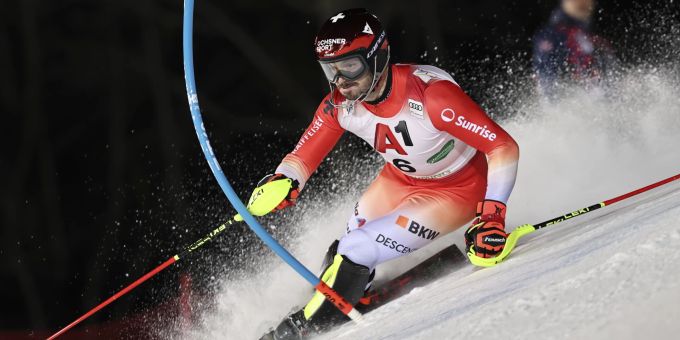 Loïc Meillard im Slalom von Schladming. Loïc Meillard Slalom Schladming