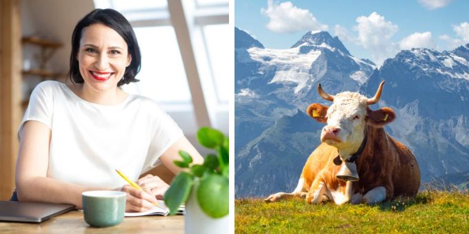 Kolumnistin Mirjam Walser wünscht sich, dass alle Kühe so friedlich auf Bergwiesen entspannen dürfen. Vielleicht ist das in Zukunft sogar möglich? Mirjam Walser vegan Kolumne