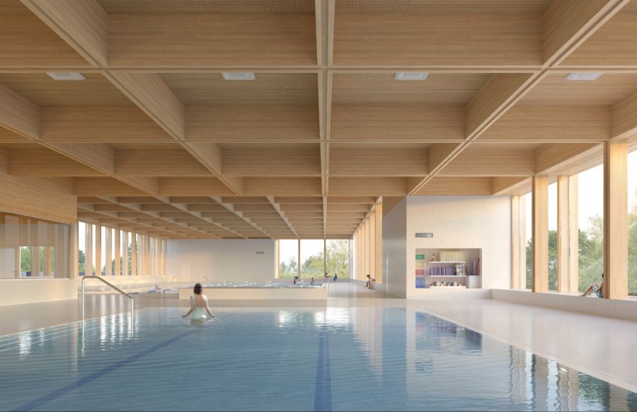 Blick auf das Nichtschwimmerbecken im Neubau der Sport- und Freizeitanlage Weyermannshaus, mit dem Schwimmerbecken im Hintergrund (Visualisierung).