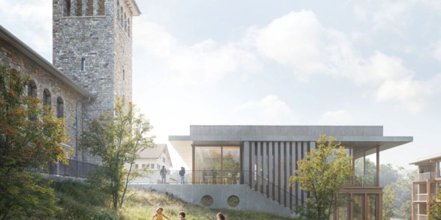 Visualisierung des neuen Pfarreizentrums auf dem Kirchenhügel von Rotkreuz.