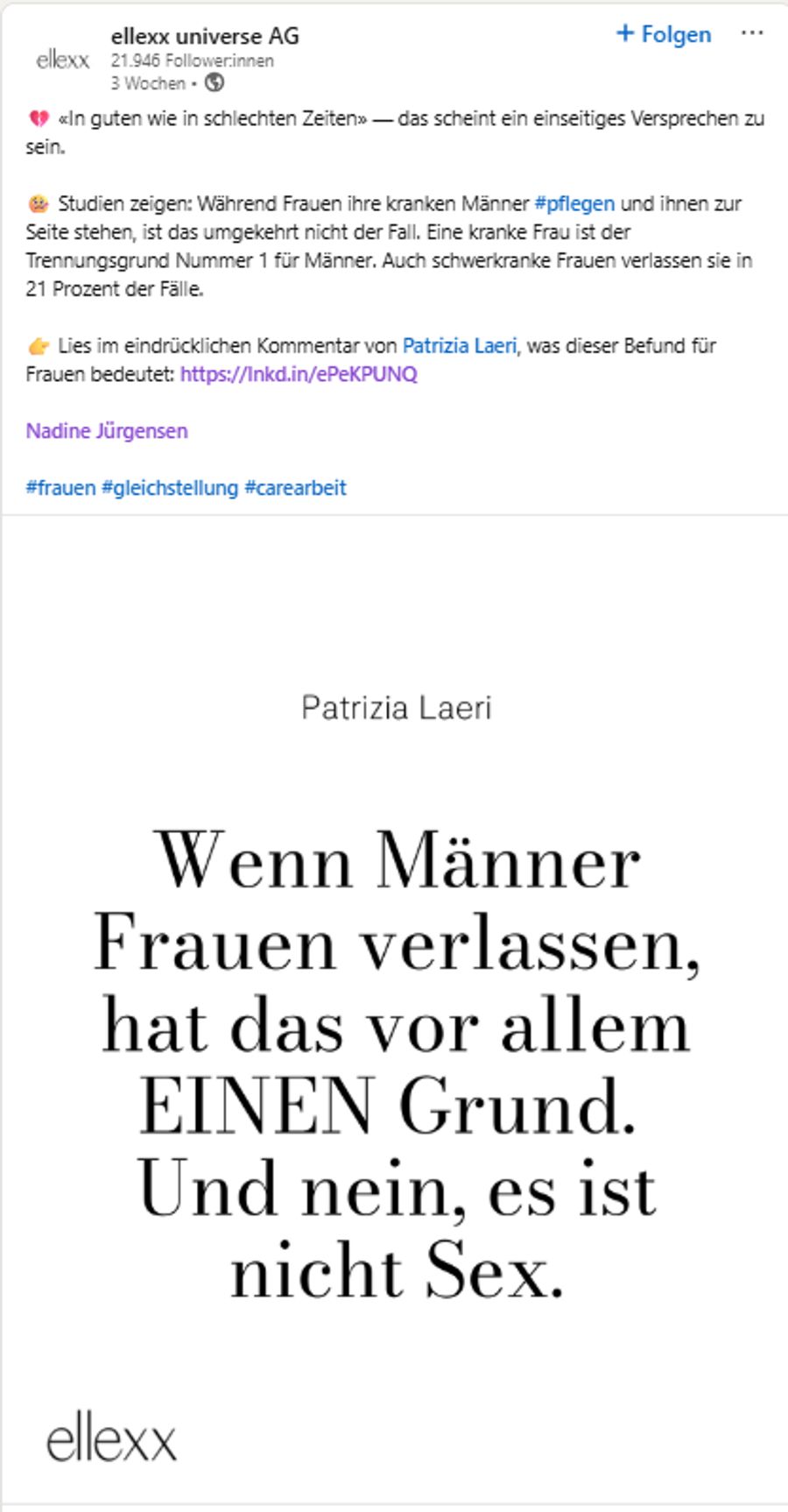 Jetzt thematisiert sie den Gender Gap bei der Pflege von Partnern.