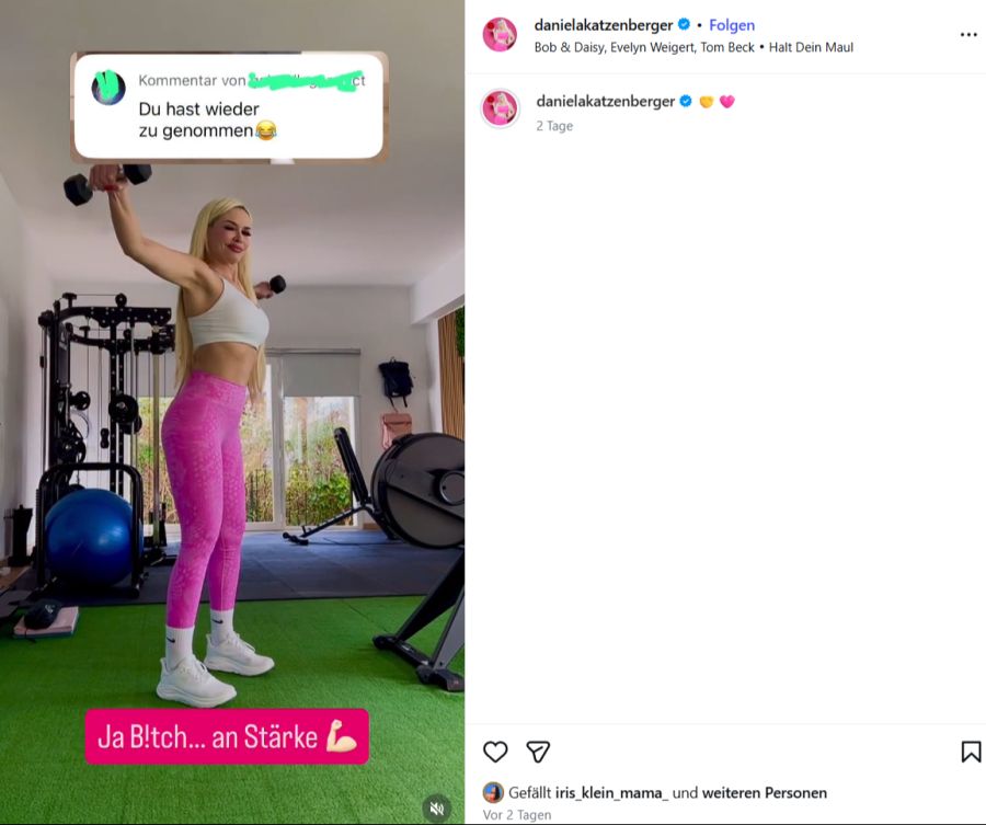 Schlagfertig kontert Daniela mit einem Reel: «Ja, B!tch… an Stärke» – und präsentiert dabei ihre beeindruckenden Muskeln!