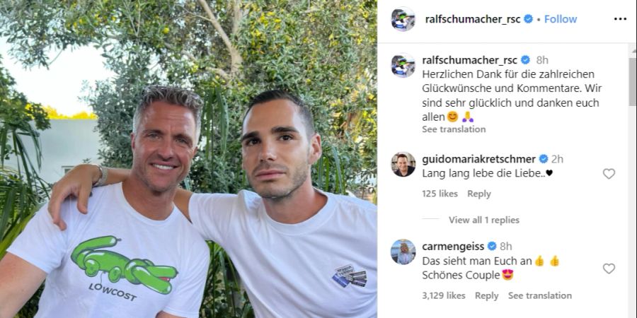 Ralf Schumacher und sein Freund Etienne bedanken sich für die zahlreichen positiven Kommentare nach dem Outing.