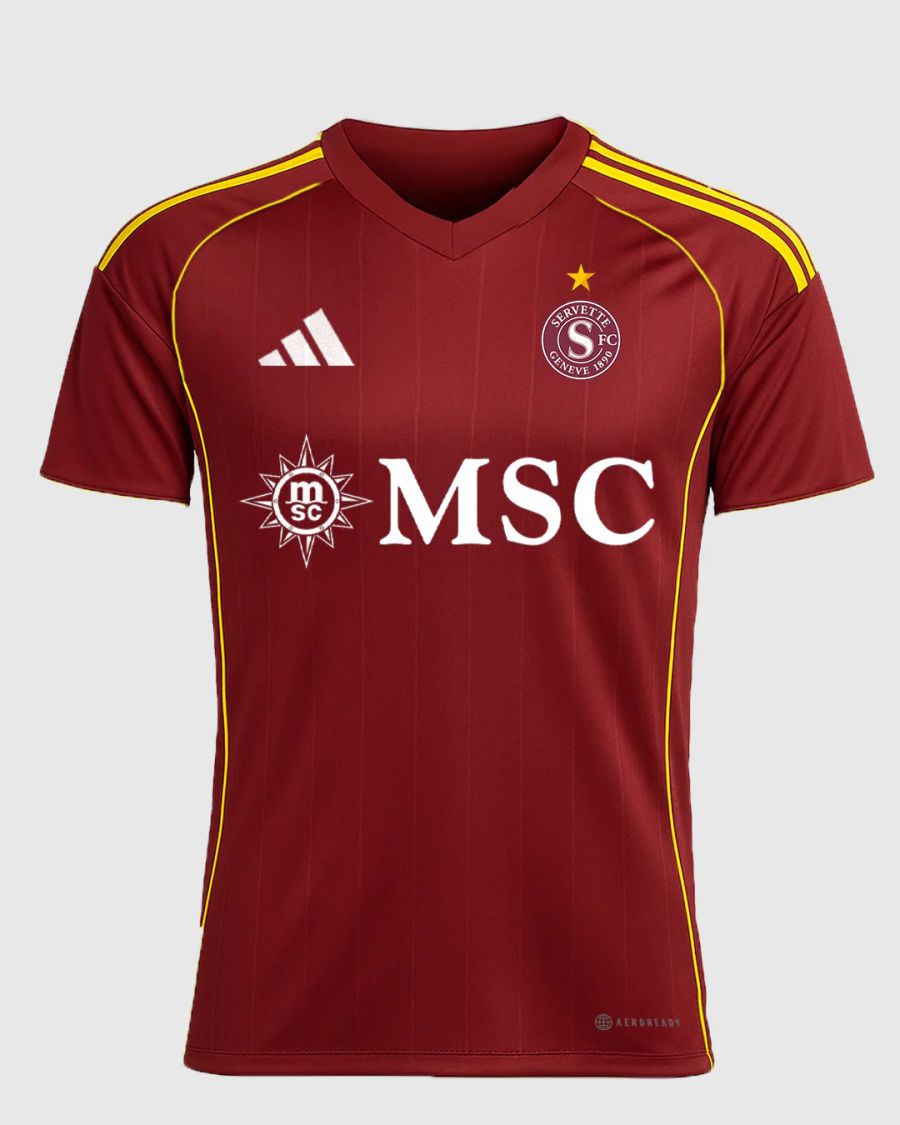 Klare Formensprache beim Heimtrikot von Servette: Granat-Rot mit goldenen Akzenten und weissen Logos.