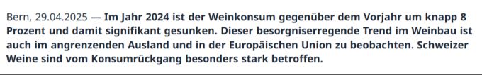 Das BLW findet es «besorgniserregend», dass der Weinkonsum in der Schweiz deutlich gesunken ist. Bund