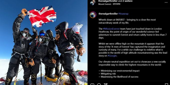 Vier britische Ex-Elitesoldaten erreichen den Gipfel des Mount Everest in nur 4,5 Tagen. Mount Everest