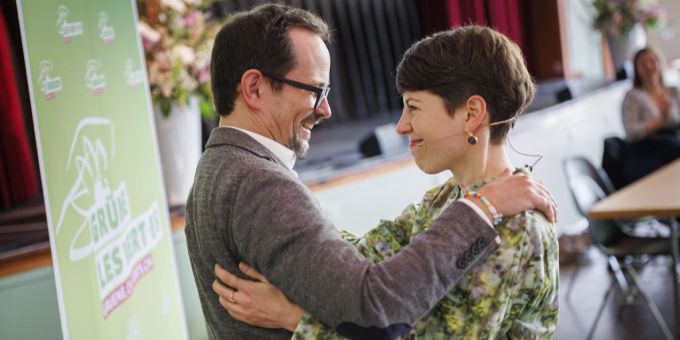 Balthasar Glättli und Lisa Mazzone an der Delegiertenversammlung der Grünen am 6. April. Glättli Mazzone Grüne