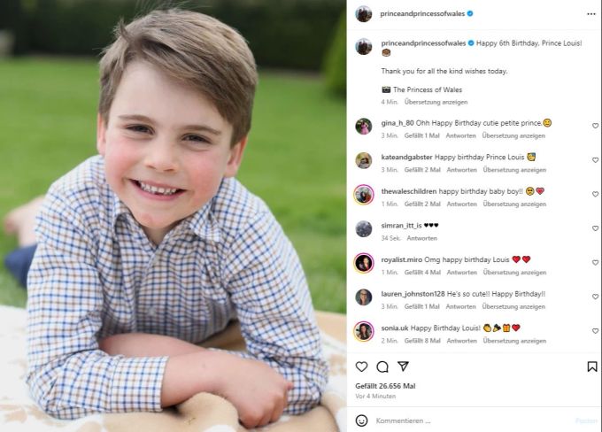 Prinz Louis wird sechs Jahre alt. Das Foto hat Mami Kate geschossen. prinz louis