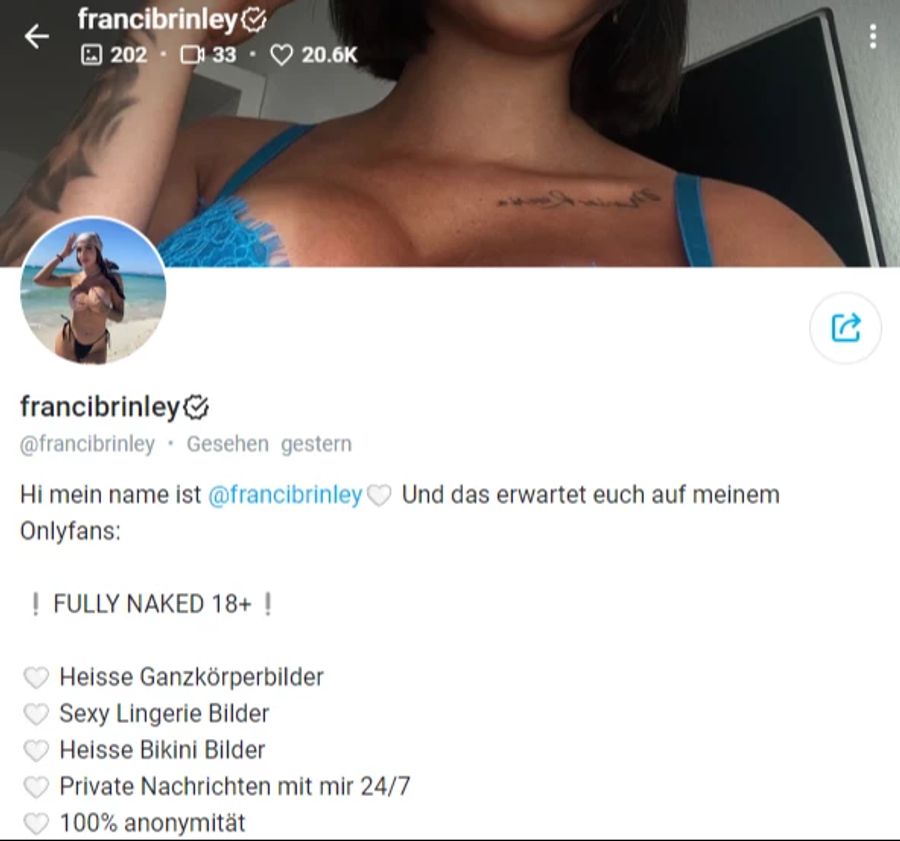 Die Onlyfans-Seite von Francesca Morgese – wer mehr sehen will, muss zahlen. Das bringt der Influencerin laut eigenen Angaben viel Geld ein.