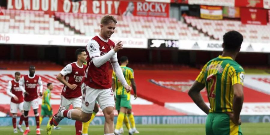 Arsenals Emile Smith Rowe erzielte das Führungstor für seine Mannschaft gegen West Bromwich Albion. Foto: Frank Augstein/PA Wire/dpa