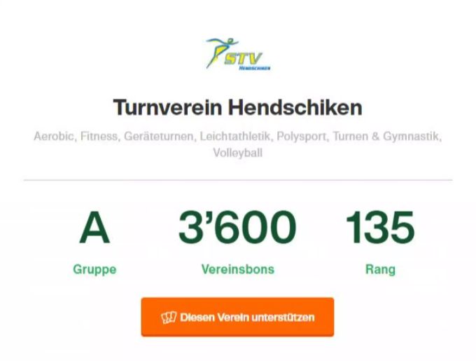 Mit 3'600 Vereinsbons belegt der STV Hendschiken in Gruppe A den Rang 135 (Stand 15.03.2021). STV Hendschiken Vereinsbons