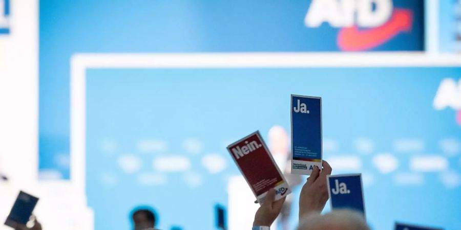 Delegierte heben in der Dresdener Messehalle beim Bundesparteitag der AfD ihre Stimmkarten. Foto: Kay Nietfeld/dpa