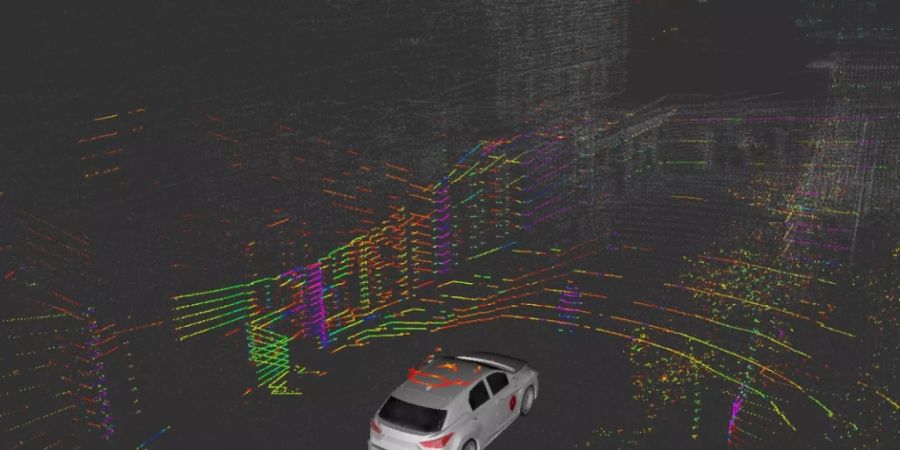 Ein Laserscan der Empa-Teststrecke: Die Forschenden möchten einen Sehtest für selbstfahrende Autos entwickeln und untersuchen dazu, wie die Sensoren im Fahrzeug die Umgebung erfassen. (Pressebild)