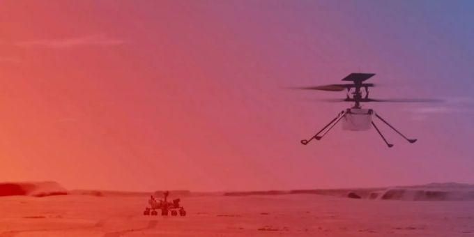 Illustration des auf dem Mars fliegenden Ingenuity-Hubschraubers. Ingenuity-Hubschrauber Nasa
