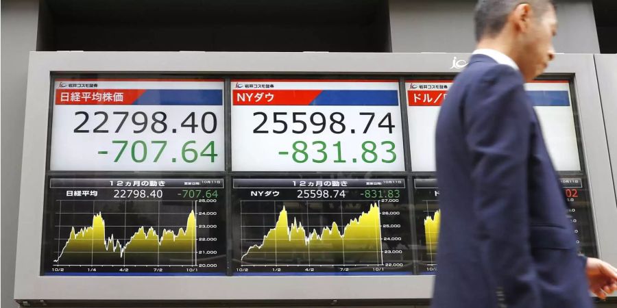 Ein Mann geht an einem Monitor vorbei, auf dem die Verluste an der Börse in Tokio und an der Börse in New York angezeigt werden.