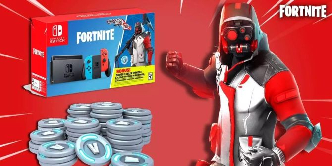 Das Fortnite Nintendo Switch Bundle, einige V-Bucks sowie der Doppel Helix Skin in einer Pose auf rotem Hintergrund.