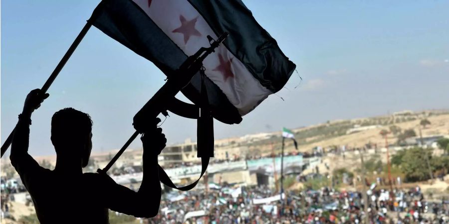 Ein Demonstrant schwenkt eine syrische Fahne und hält ein Gewehr hoch bei einem Protest gegen die Offensive der syrischen Regierung in Idlib.