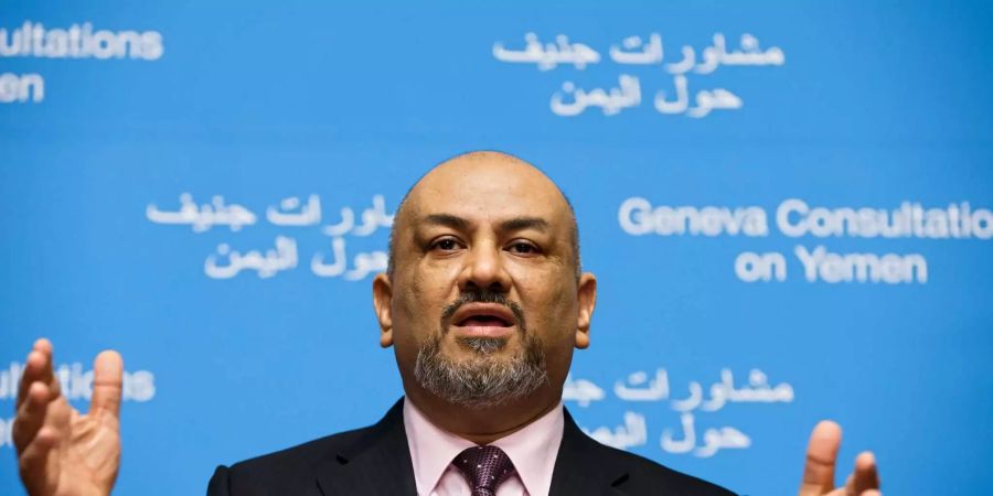 Khaled al-Yamani, Aussenminister des Jemen, spricht während einer Pressekonferenz am europäischen Hauptsitz der Vereinten Nationen.