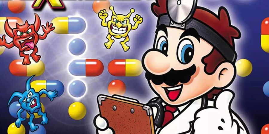 Dr. Mario posiert vor einigen Pillen und Viren.
