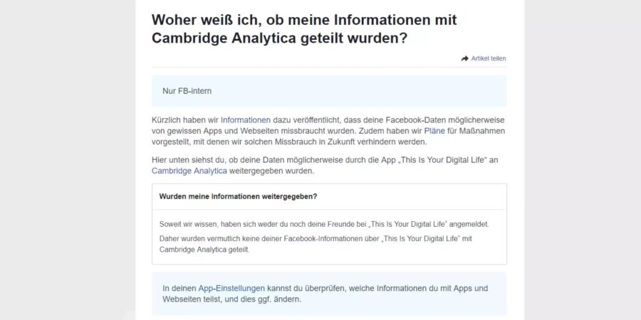 Im Hilfebereich von Facebook lässt sich überprüfen, ob die eigenen Daten weitergegeben wurden.