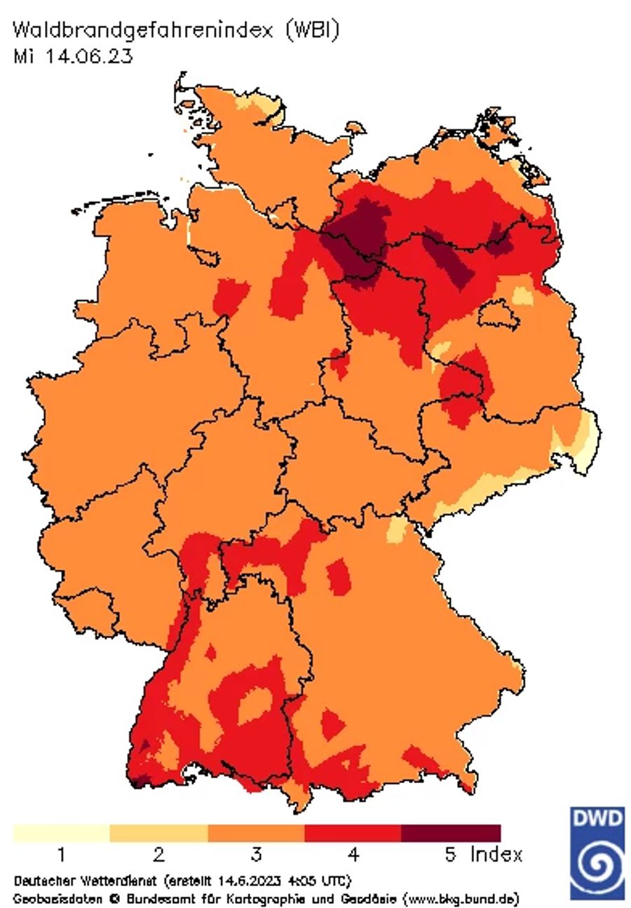 Die Trockenheit wirkt sich auch auf die Waldbrandgefahr aus. Hier die Waldbrandgefahr am Mittwoch.