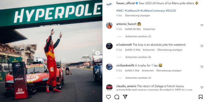 Ferrari qualifizierte sich mit zwei Fahrzeugen für die Hyperpole und steht aktuell auf den ersten beiden Plätzen. 24-Stunden-Rennen von Le Mans