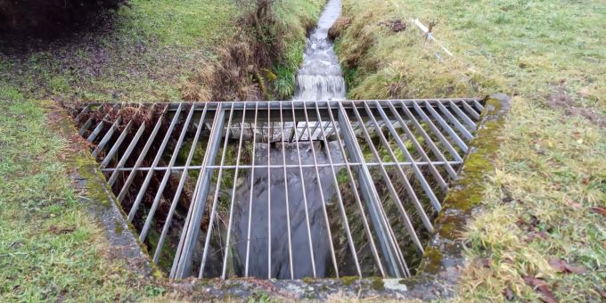 Das bestehende Einlaufbauwerk beim Bachdurchlass Riedtalstrasse verstopft sehr leicht. Einlaufbauwerk Riedtalbach
