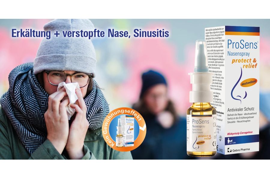 ProSens® Nasenspray protect & relief (abschwellend) wird bei verstopfter Nase oder Sinusitis angewendet; mehrmals täglich nach Bedarf, je einen Sprühstoss in jedes Nasenloch.