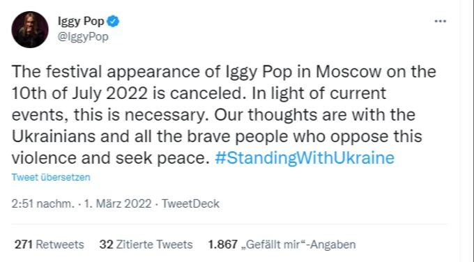 Iggy Pop sagt sein Auftritt in Moskau ab. Ukraine