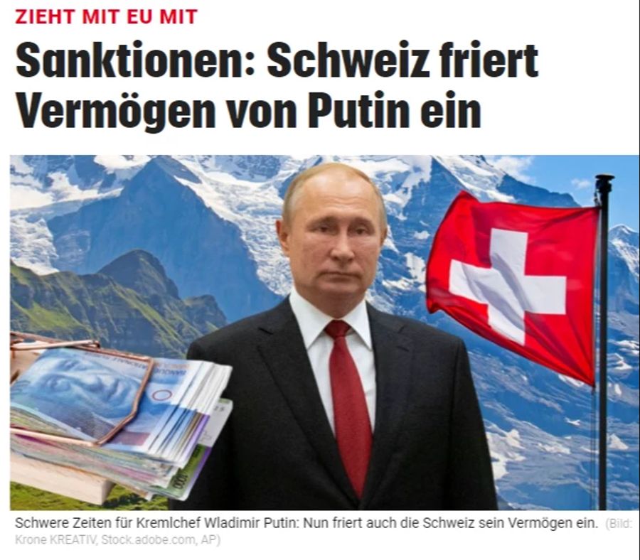 Die «Krone» zeigt Putin vor den Schweizer Alpen – und einen Bündel mit Geld-Scheinen.