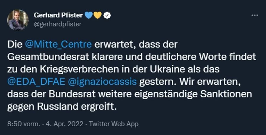 Mitte-Präsident Gerhard Pfister erwartet eigenständige Sanktionen der Schweiz gegen Russland.