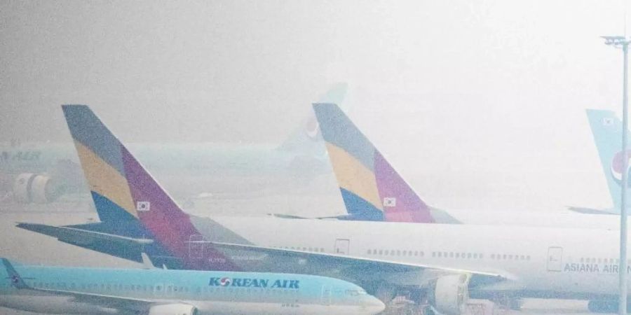 Flugzeuge der Fluggesellschaften Korean Air und Asiana Airlines stehen bei nebeligem Wetter nebeneinander am Flughafen «Incheon International Airport» westlich von Seoul. Foto: -/YNA/dpa
