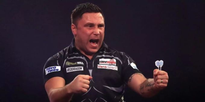 Der Waliser Gerwyn Price feiert seinen Sieg. Foto: Adam Davy/PA Wire/dpa Der Waliser Gerwyn Price feiert seinen Sieg. Foto: Adam Davy/PA Wire/dpa